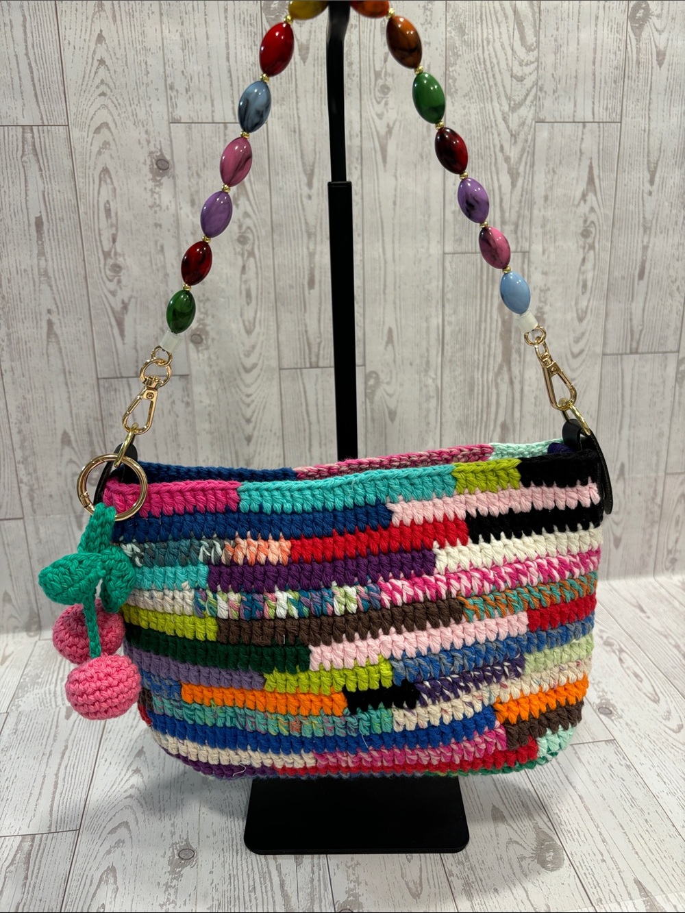 Handmade Multicolor Crochet Shoulder Bag with Beaded Strap and Cherry Charm